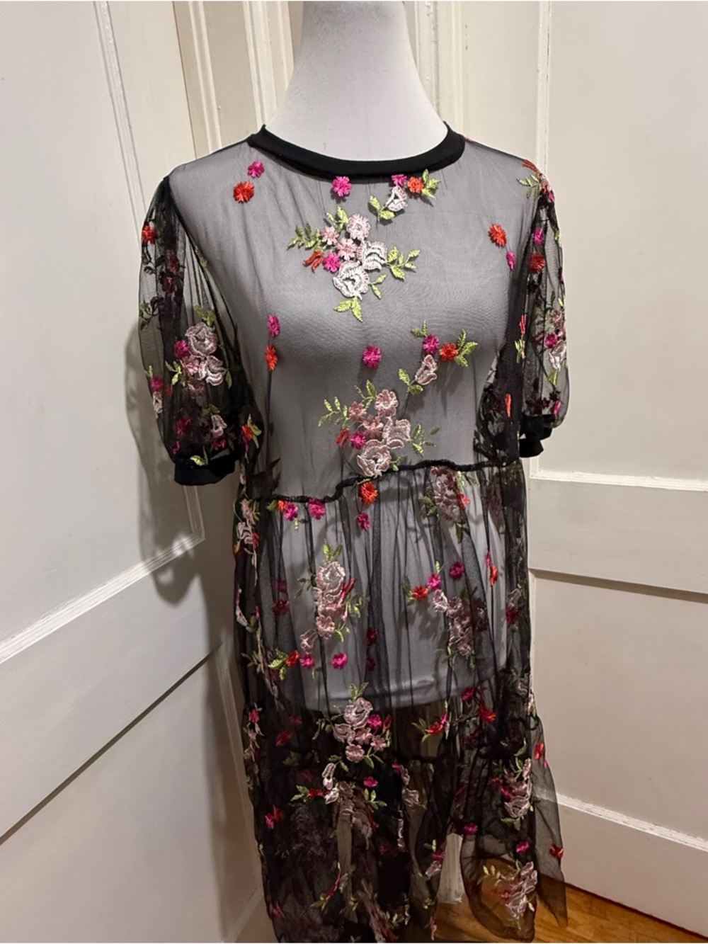 SHEIN Black Sheer Floral Embroidered Midi Dress with Pink & Green Accents